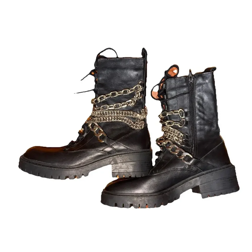 Zara Black Leather Chain Combat Boots 9.5